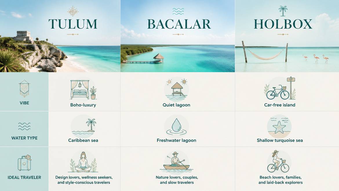 Comparison infographic of Tulum, Bacalar, and Holbox in Mexico showing vibe, water type, and best traveler