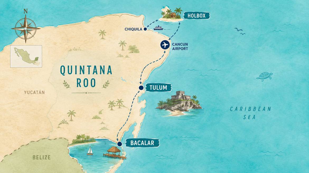 Map of Quintana Roo Mexico showing Tulum, Bacalar, and Holbox with travel routes from Cancun