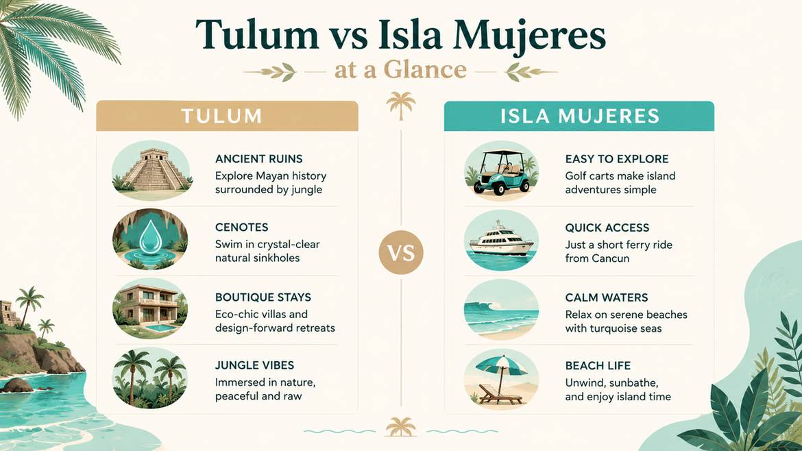 Tulum vs Isla Mujeres side-by-side comparison infographic