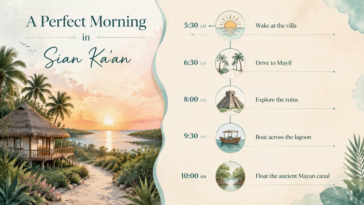 Illustrated timeline of a perfect morning in Sian Ka'an from waking up at the villa to floating the Mayan canal