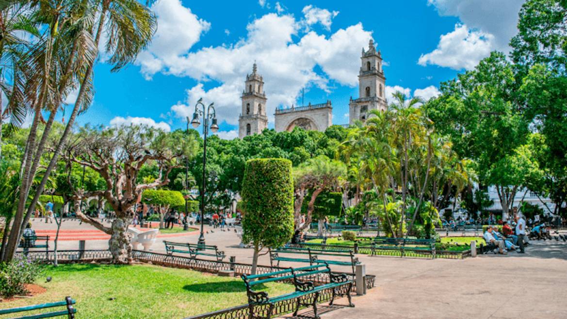 Plaza Grande in Merida with the cathedral and colonial buildings at sunset