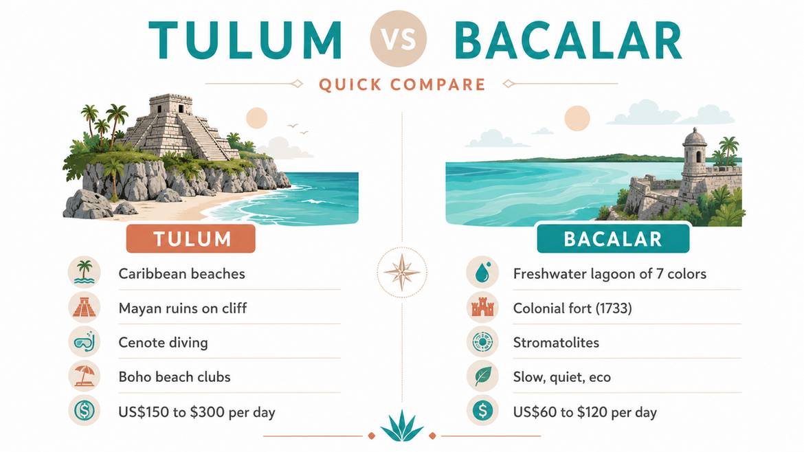 Tulum vs Bacalar side-by-side comparison infographic