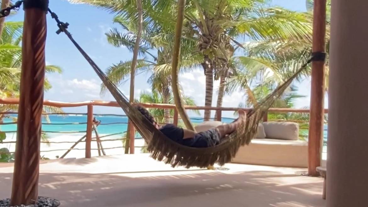 Hammock on the terrace at Casa Nalum looking out to the Caribbean