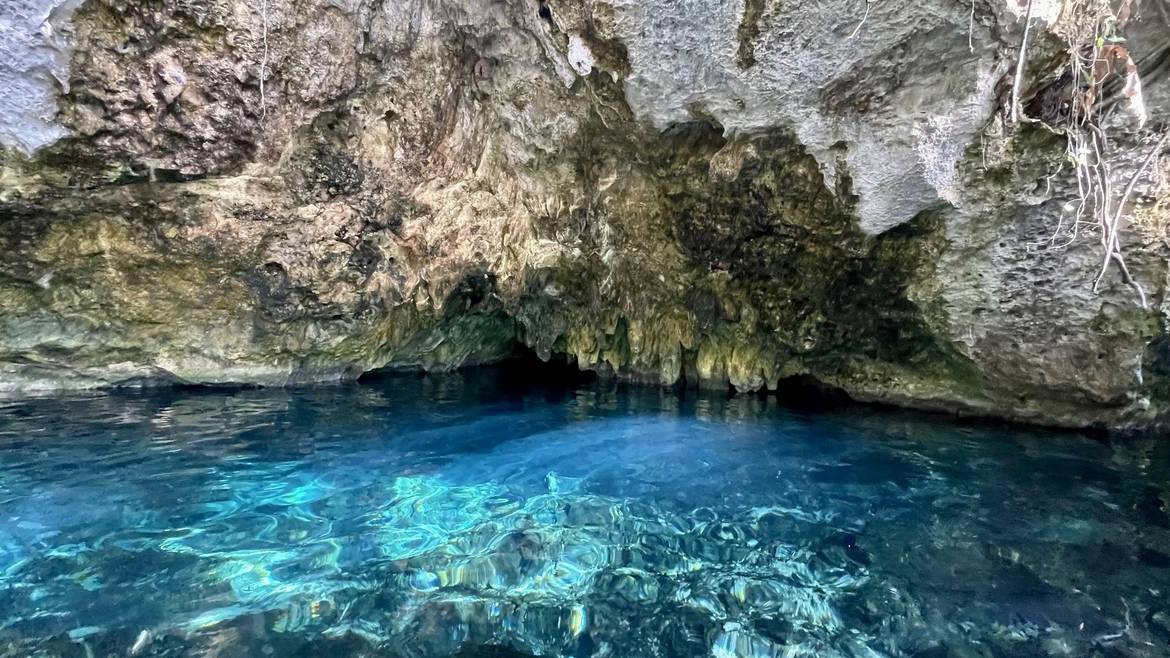 Clear blue water under the cave ledge at Gran Cenote